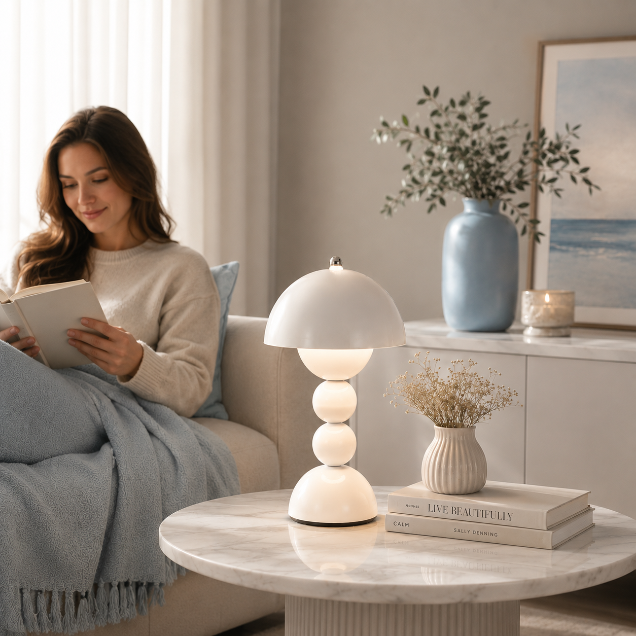 Lampe Perla LED rechargeable blanche diffusant une lumière douce sur une table basse en marbre dans un salon élégant aux tons greige et bleu poudre. Une personne profite d'un moment de lecture dans une ambiance chaleureuse et apaisante.
