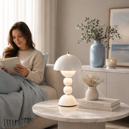 Lampe Perla LED rechargeable blanche diffusant une lumière douce sur une table basse en marbre dans un salon élégant aux tons greige et bleu poudre. Une personne profite d'un moment de lecture dans une ambiance chaleureuse et apaisante.