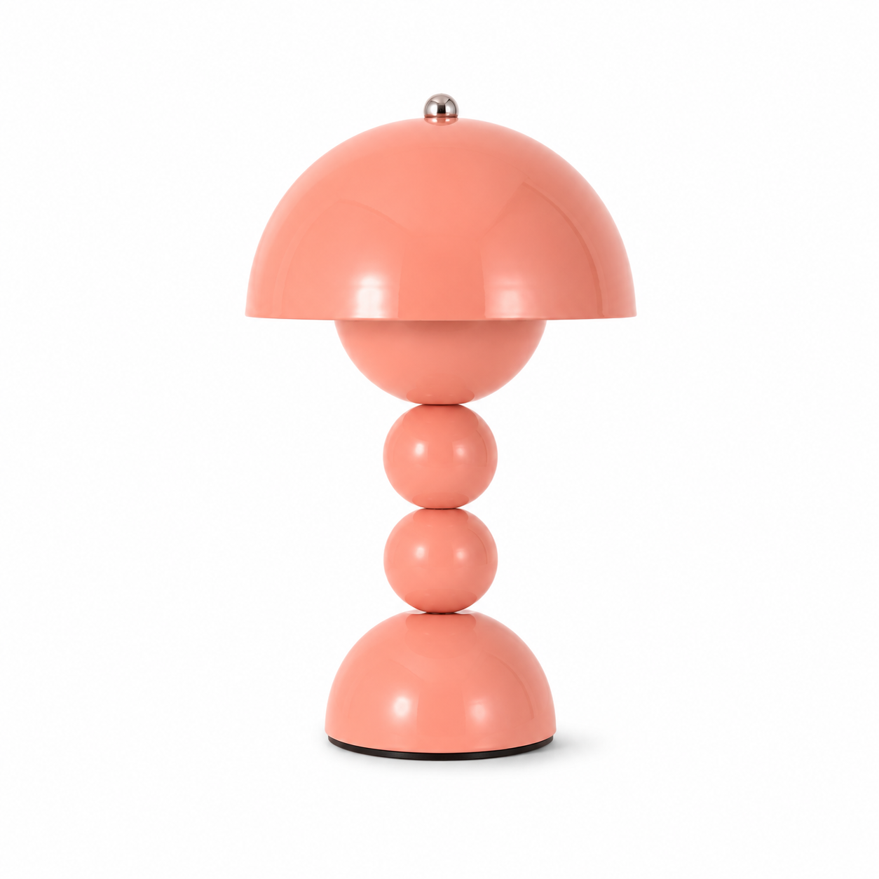 Lampe champignon Perla LED rechargeable rose au design contemporain, présentée seule sur fond blanc. Son abat-jour en métal peint, sa silhouette sculpturale et sa finition brillante en font une lampe décorative élégante pour le salon, la chambre, le bureau ou une table d'appoint.