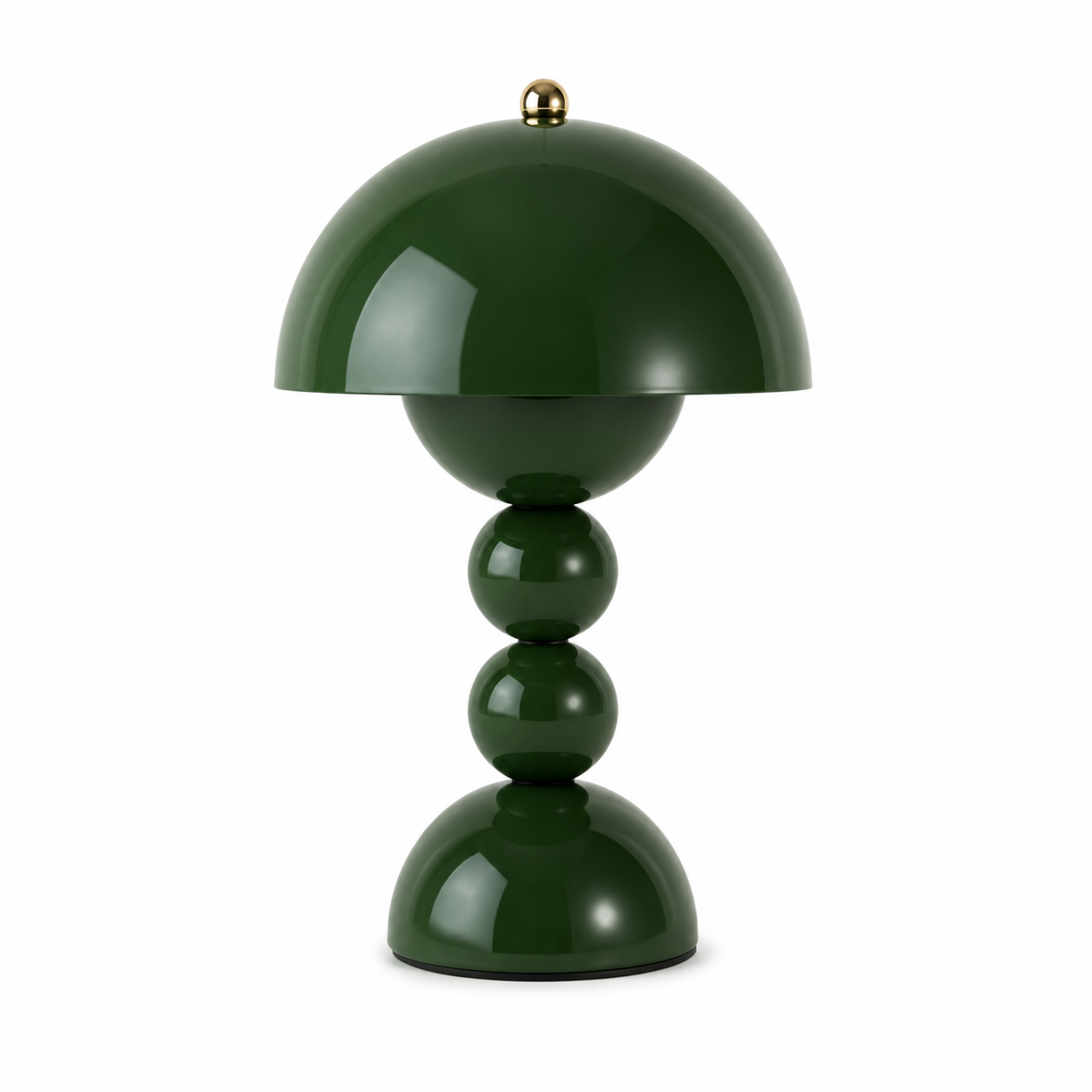 Lampe champignon Perla LED rechargeable vert forêt au design contemporain, présentée seule sur fond blanc. Son abat-jour en métal peint, sa silhouette sculpturale et sa finition brillante en font une lampe décorative élégante pour le salon, la chambre, le bureau ou une table d'appoint.