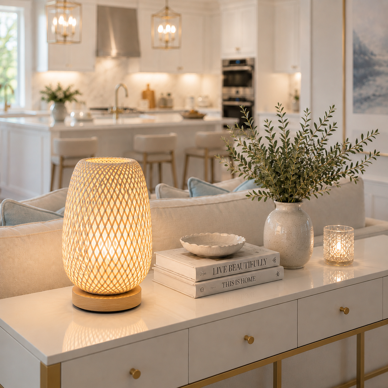 Lampe de table Tressa en bambou tressé à la main diffusant une lumière douce et chaleureuse sur une console blanche dans un salon ouvert sur une cuisine moderne. Son abat-jour en bambou naturel crée un magnifique jeu d'ombres et de lumière, apportant une ambiance élégante et apaisante à une décoration intérieure haut de gamme aux tons greige, crème et bleu poudre.