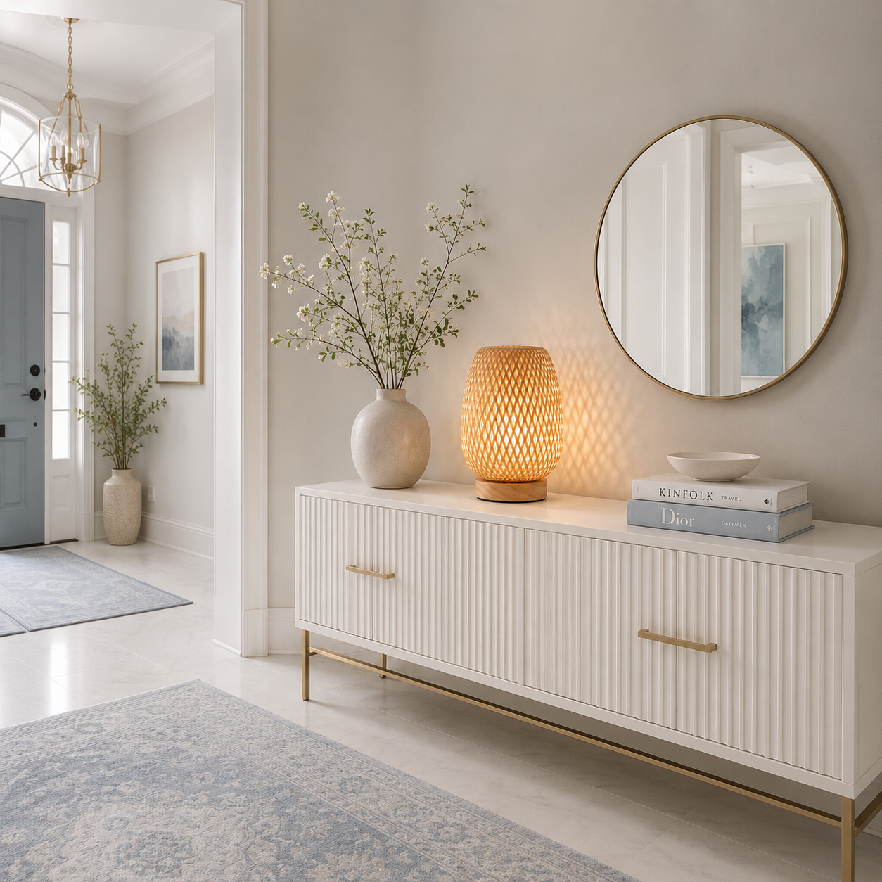 Lampe de table Tressa en bambou tressé à la main diffusant une lumière douce et chaleureuse sur une console blanche dans un hall d'entrée moderne. Son design en bois naturel apporte une touche élégante et apaisante à la décoration intérieure haut de gamme, avec un miroir mural, un vase décoratif et une ambiance lumineuse aux tons greige, crème et bleu poudre.