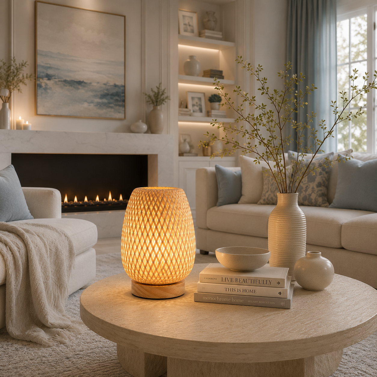 Lampe de table Tressa en bambou tressé à la main illuminant une table basse dans un salon contemporain avec foyer. Sa lumière chaude et apaisante met en valeur une décoration intérieure élégante aux tons greige, crème et bleu poudre, créant une ambiance cocooning idéale pour les soirées détente, la lecture ou les moments de relaxation en famille.
