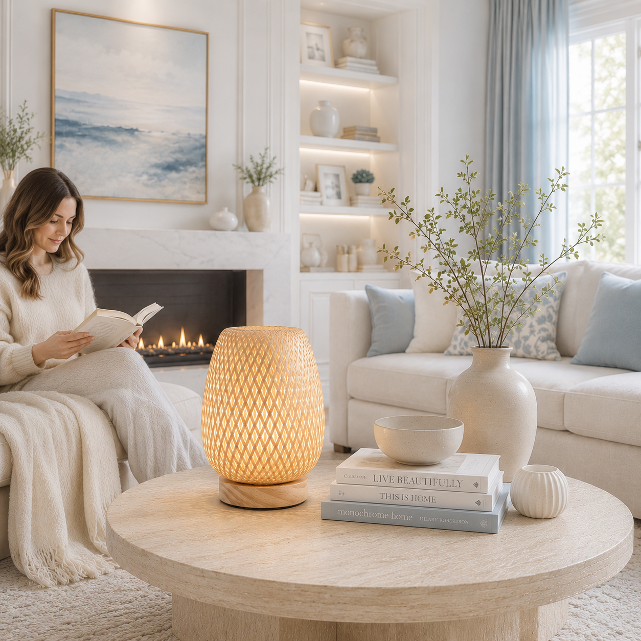 Lampe de table Tressa en bambou tressé à la main diffusant une lumière douce et chaleureuse sur une table basse dans un salon moderne haut de gamme. Une personne lit un livre près du foyer dans un décor lumineux aux tons greige, crème et bleu poudre, créant une ambiance élégante, apaisante et chaleureuse.