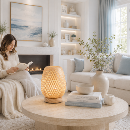 Lampe de table Tressa en bambou tressé à la main diffusant une lumière douce et chaleureuse sur une table basse dans un salon moderne haut de gamme. Une personne lit un livre près du foyer dans un décor lumineux aux tons greige, crème et bleu poudre, créant une ambiance élégante, apaisante et chaleureuse.