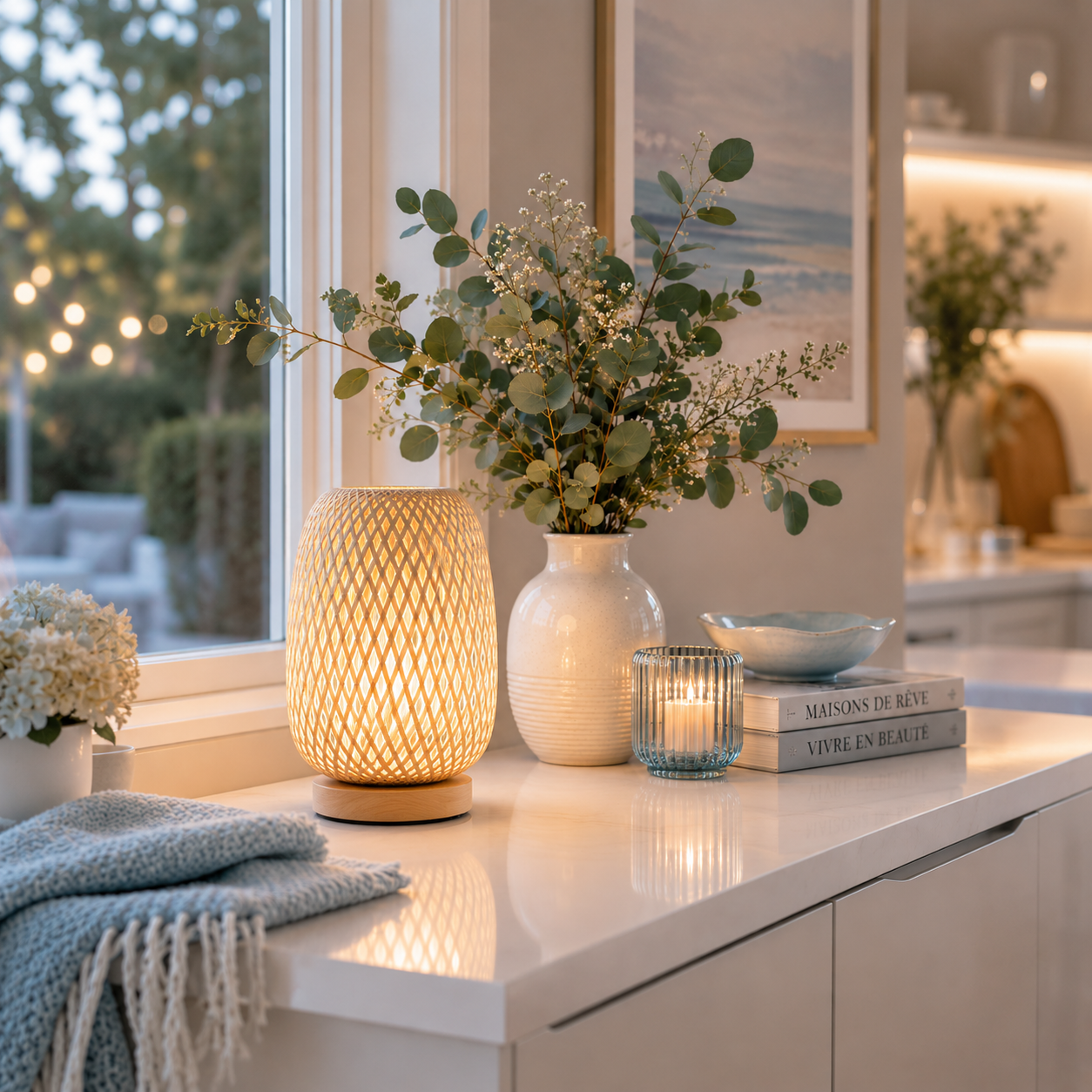 Lampe de table Tressa en bambou tressé à la main diffusant une lumière d'ambiance chaleureuse sur une console blanche près d'une fenêtre au coucher du soleil. Son design en bois naturel met en valeur une décoration intérieure haut de gamme avec vase décoratif, bougie et accessoires élégants, créant une atmosphère apaisante et raffinée dans un salon, une cuisine ou une entrée aux tons greige, crème et bleu poudre.