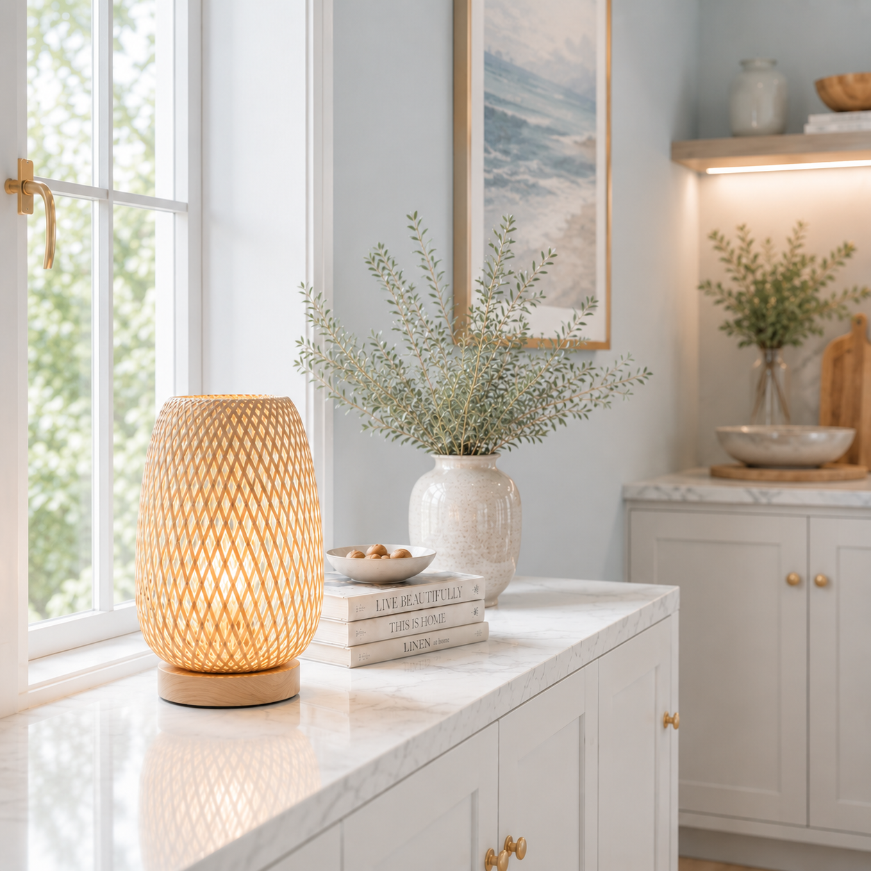 Lampe de table Tressa en bambou tressé à la main diffusant une lumière chaude et apaisante sur une console en marbre blanc devant une grande fenêtre. Cette lampe décorative en bois naturel sublime une cuisine moderne haut de gamme avec une décoration élégante aux tons greige et bleu poudre, idéale pour créer une ambiance chaleureuse dans le salon, la chambre, l'entrée ou un coin détente.