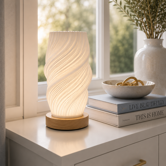Lampe de table Volute LED blanche allumée au design sculptural, posée sur une console blanche près d'une fenêtre dans un intérieur moderne aux tons greige et bleu poudre.