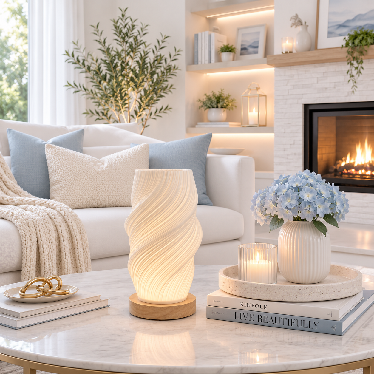 Lampe de table Volute LED blanche allumée sur une table de salon en marbre devant un canapé, dans un intérieur lumineux avec foyer, mobilier blanc et décoration élégante aux tons greige et bleu poudre.