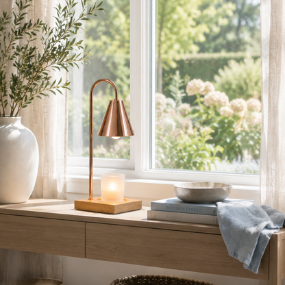 Lampe chauffante pour bougie parfumée diffusant une lumière douce sur une console en bois naturel près d'une fenêtre avec vue sur le jardin, décoration moderne, rideaux en lin, accessoires bleu poudre et ambiance chaleureuse de style haut de gamme.