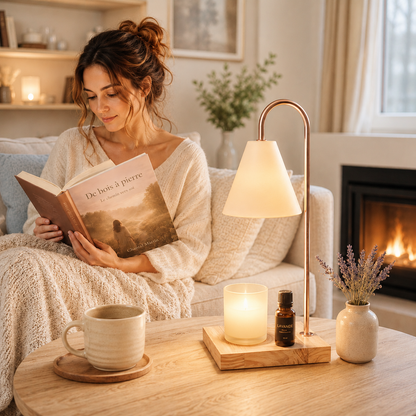 Lampe chauffante aromathérapie pour bougie parfumée diffusant une lumière douce dans un salon moderne, avec femme lisant un livre, cheminée, huile essentielle de lavande et décoration élégante pour une ambiance cocooning et relaxante.