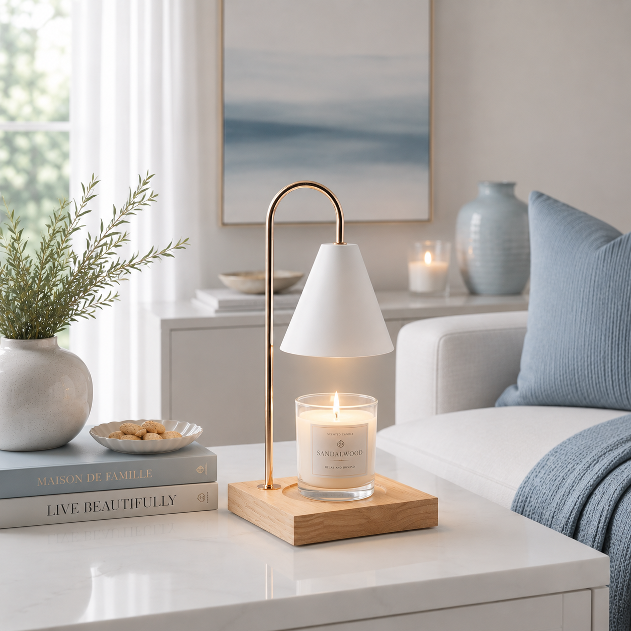 Lampe chauffante pour bougie parfumée en bois naturel diffusant une lumière douce dans une chambre moderne avec table de nuit blanche, literie blanche, tête de lit grise et décoration bleu poudre, idéale pour une ambiance relaxante et chaleureuse.