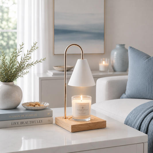 Lampe chauffante pour bougie parfumée en bois naturel diffusant une lumière douce dans une chambre moderne avec table de nuit blanche, literie blanche, tête de lit grise et décoration bleu poudre, idéale pour une ambiance relaxante et chaleureuse.