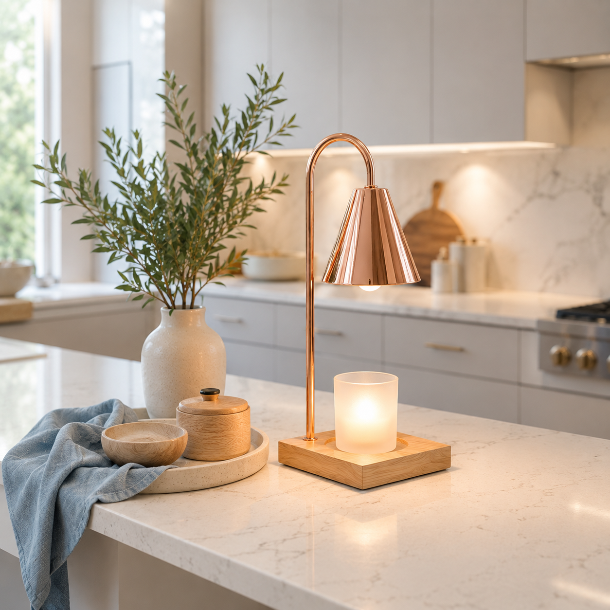Lampe chauffante pour bougie parfumée en bois naturel diffusant une lumière douce sur un comptoir de cuisine en quartz blanc, avec décoration moderne, accessoires en bois, serviette bleu poudre et ambiance chaleureuse de style haut de gamme.