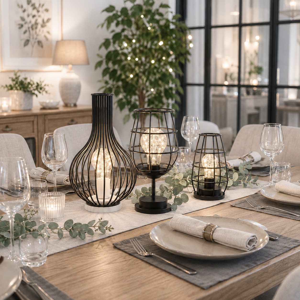 Lampes décoratives LED modernes au centre d'une table de salle à manger élégante, diffusant une lumière chaleureuse dans un décor greige haut de gamme, idéal pour une ambiance conviviale et raffinée.