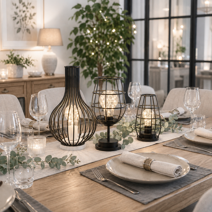 Lampes décoratives LED modernes au centre d'une table de salle à manger élégante, diffusant une lumière chaleureuse dans un décor greige haut de gamme, idéal pour une ambiance conviviale et raffinée.