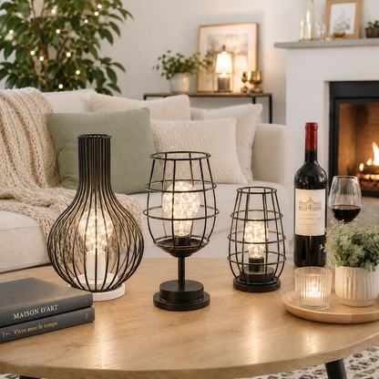 Lampes bistro décoratives LED modernes sur une table de salon au style greige et crème, offrant un éclairage chaleureux pour une décoration intérieure élégante et une ambiance cocooning.