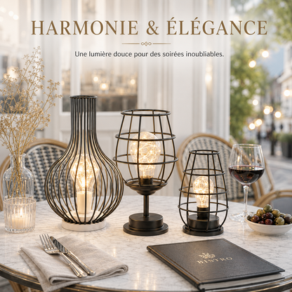Ensemble Harmonie & Élégance composé de trois lampes décoratives LED sur une table élégante, diffusant une lumière chaleureuse dans un décor greige haut de gamme, idéal pour créer une ambiance raffinée et conviviale.