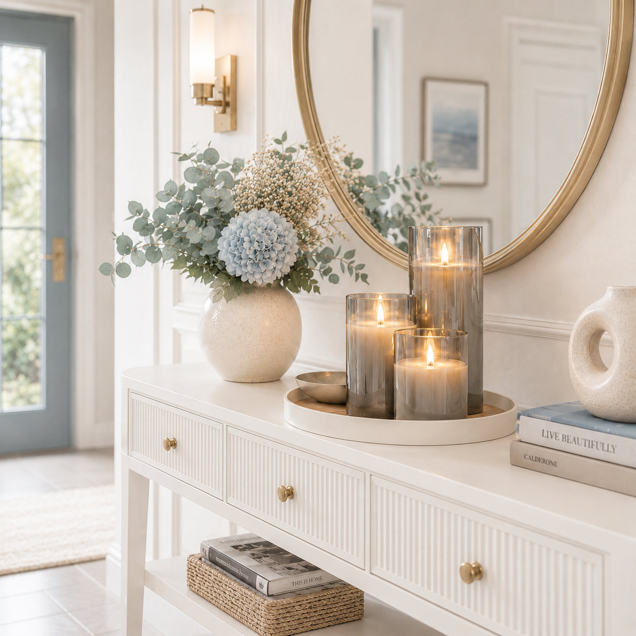 Ensemble de 3 bougies LED rechargeables en verre fumé présenté sur une console blanche luxueuse dans un hall d'entrée raffiné, avec miroir rond doré, fleurs aux tons greige et bleu poudre et décoration haut de gamme. Ces bougies décoratives sans flamme créent une ambiance chaleureuse, élégante et accueillante, idéale pour une entrée, un salon ou une décoration intérieure premium.