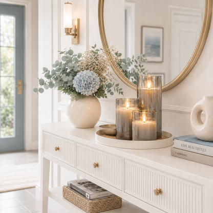 Ensemble de 3 bougies LED rechargeables en verre fumé présenté sur une console blanche luxueuse dans un hall d'entrée raffiné, avec miroir rond doré, fleurs aux tons greige et bleu poudre et décoration haut de gamme. Ces bougies décoratives sans flamme créent une ambiance chaleureuse, élégante et accueillante, idéale pour une entrée, un salon ou une décoration intérieure premium.