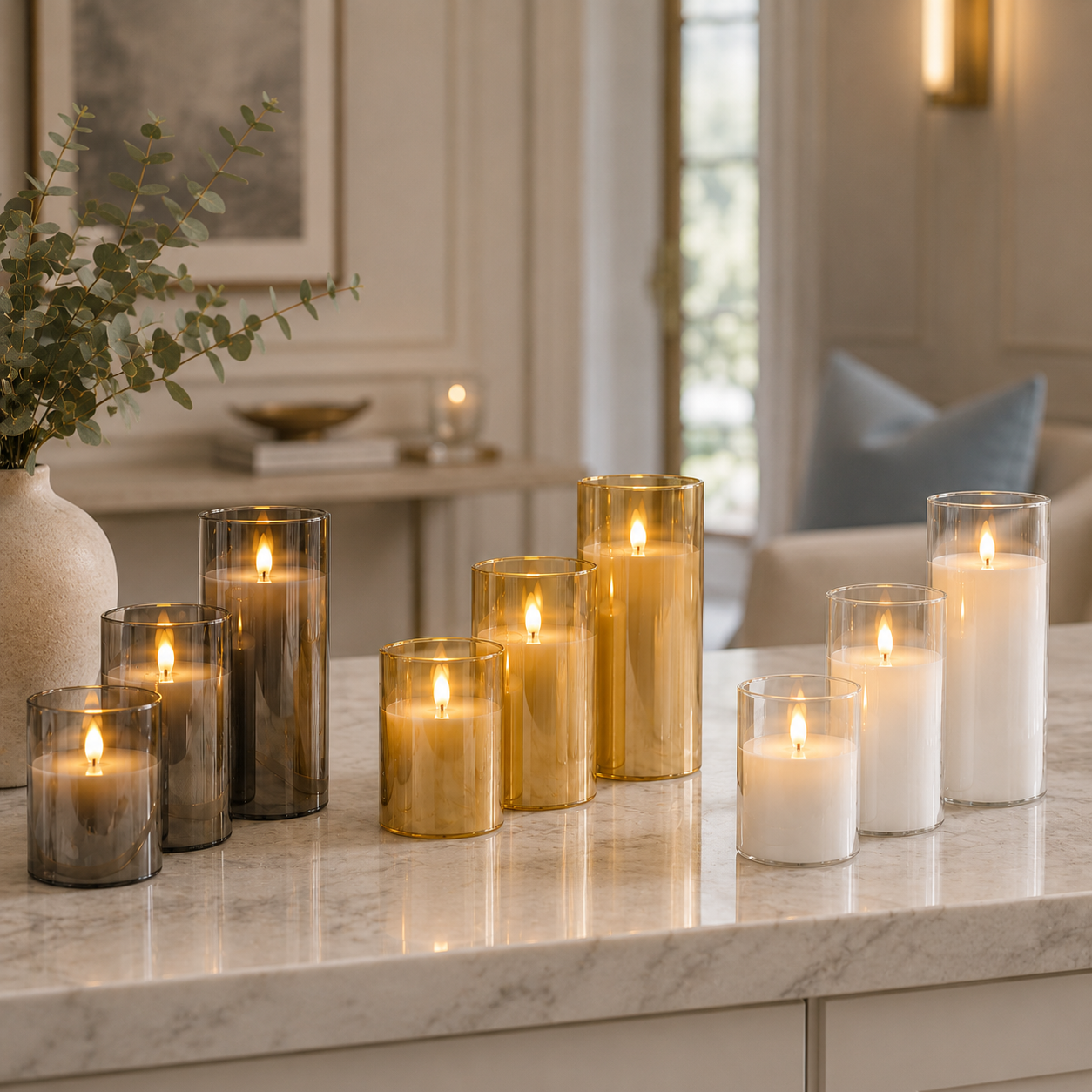 Comparaison des trois ensembles de bougies LED rechargeables en verre fumé, verre doré et verre transparent, présentés sur un comptoir en marbre dans un intérieur haut de gamme aux tons greige et bleu poudre. Ces bougies décoratives sans flamme créent une ambiance chaleureuse et raffinée, idéale pour le salon, la salle à manger, l'entrée ou comme idée cadeau élégante.
