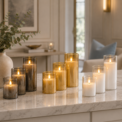 Comparaison des trois ensembles de bougies LED rechargeables en verre fumé, verre doré et verre transparent, présentés sur un comptoir en marbre dans un intérieur haut de gamme aux tons greige et bleu poudre. Ces bougies décoratives sans flamme créent une ambiance chaleureuse et raffinée, idéale pour le salon, la salle à manger, l'entrée ou comme idée cadeau élégante.