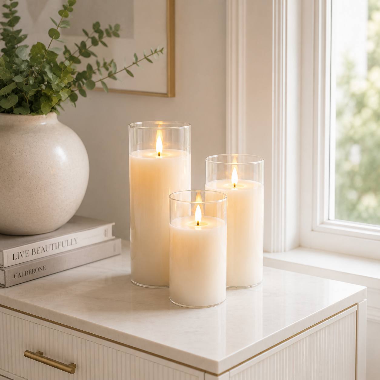 Ensemble de 3 bougies LED rechargeables en verre transparent posé sur une console blanche près d'une fenêtre, dans un intérieur lumineux au style premium aux tons greige et bleu poudre. Ces bougies décoratives sans flamme diffusent une ambiance chaleureuse et élégante, idéales pour décorer une entrée, un salon, une chambre ou offrir en cadeau.