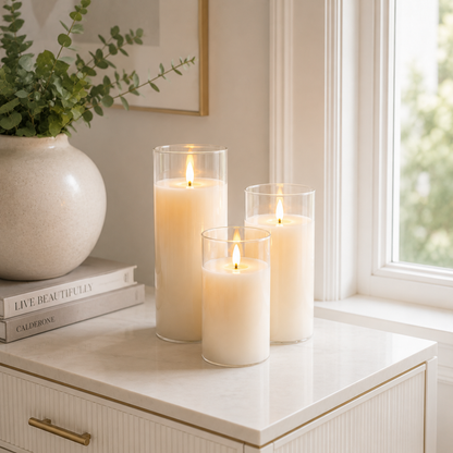 Ensemble de 3 bougies LED rechargeables en verre transparent posé sur une console blanche près d'une fenêtre, dans un intérieur lumineux au style premium aux tons greige et bleu poudre. Ces bougies décoratives sans flamme diffusent une ambiance chaleureuse et élégante, idéales pour décorer une entrée, un salon, une chambre ou offrir en cadeau.