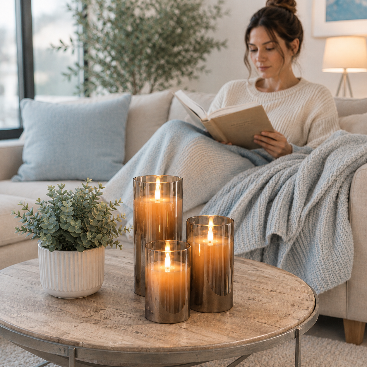 Femme lisant un livre dans un salon chaleureux tandis qu'un ensemble de 3 bougies LED rechargeables en verre fumé diffuse un effet flamme réaliste sur une table basse. Décoration intérieure aux tons greige et bleu poudre, idéale pour créer une ambiance cocooning, élégante et apaisante dans un salon moderne.