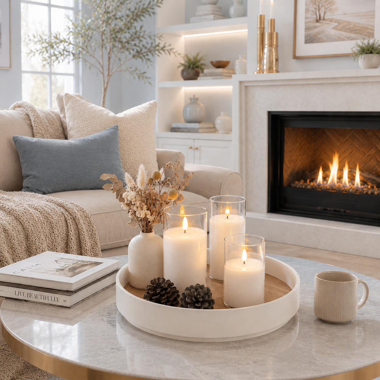 Ensemble de 3 bougies LED rechargeables en verre transparent avec effet flamme réaliste, présenté sur une table basse dans un salon élégant avec foyer. Décoration intérieure aux tons greige et bleu poudre, vase de fleurs séchées et ambiance chaleureuse, idéale pour créer une atmosphère cocooning, raffinée et apaisante.