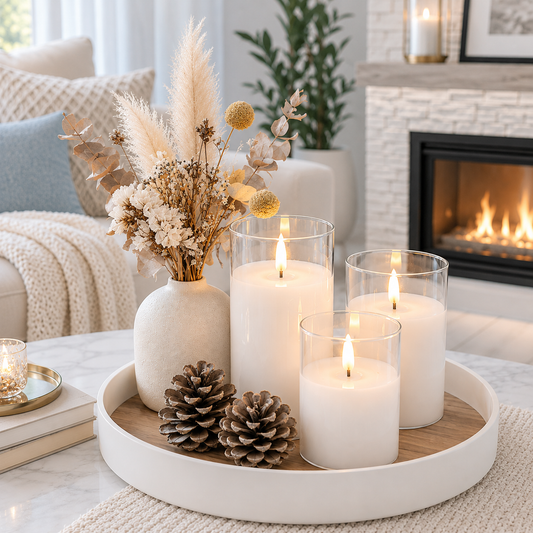 Ensemble de 3 bougies LED rechargeables en verre transparent disposées sur un plateau blanc avec vase décoratif et pommes de pin, devant un foyer dans un salon lumineux aux tons greige et bleu poudre. Ces bougies décoratives sans flamme créent une ambiance chaleureuse, élégante et sécuritaire, parfaite pour la décoration du salon, de la salle à manger ou comme idée cadeau.