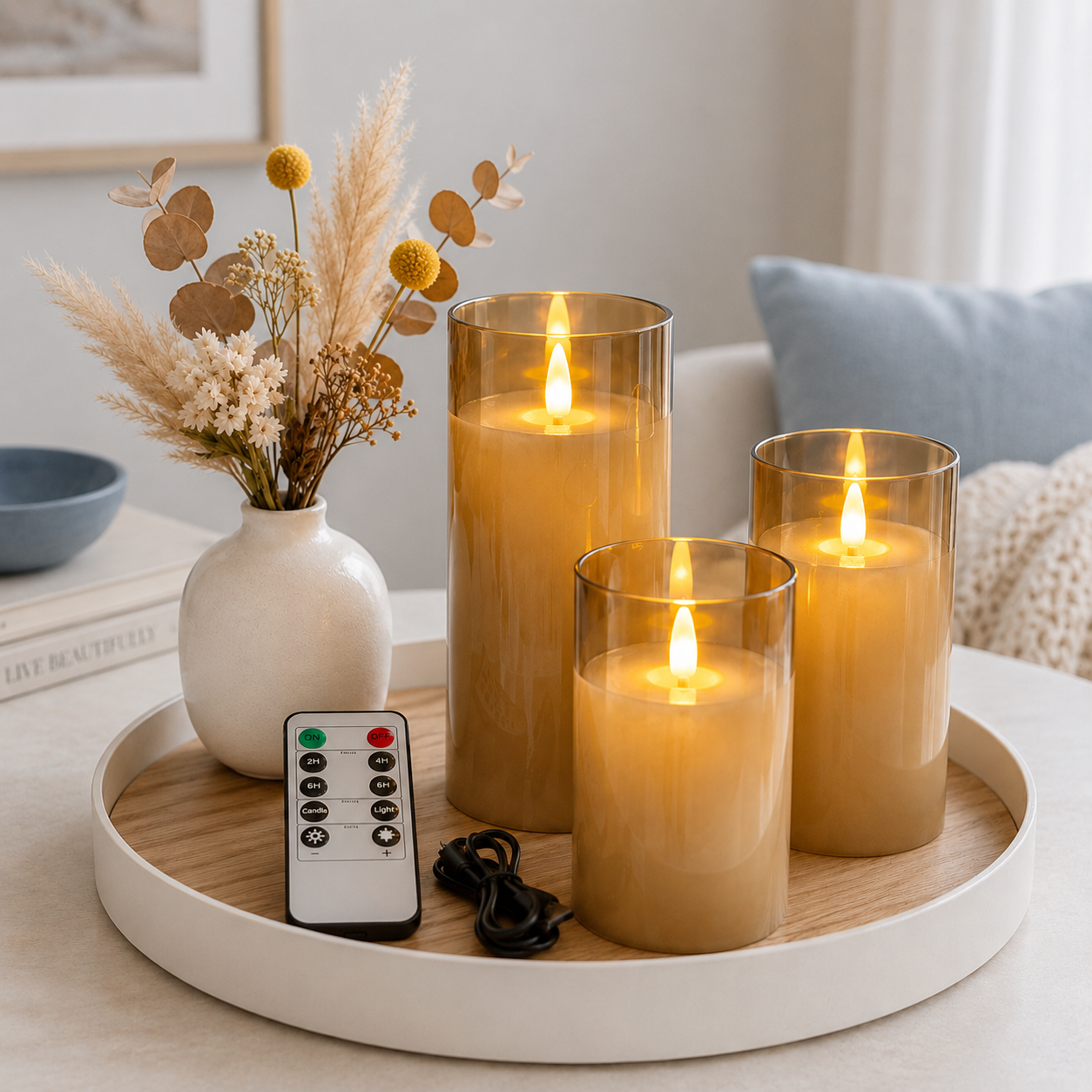 Ensemble de 3 bougies LED rechargeables en verre doré avec effet flamme réaliste, présenté sur un plateau décoratif avec télécommande et câble USB. Mise en scène dans un salon élégant aux tons greige et bleu poudre avec vase de fleurs séchées, idéale pour créer une ambiance chaleureuse, raffinée et apaisante dans un intérieur moderne.