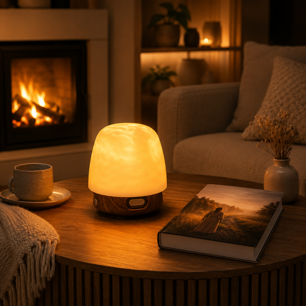 Lampe d’ambiance effet reflet d’eau avec lumière chaleureuse dans un salon élégant. Placée sur une table en bois près d’un foyer, elle apporte une ambiance cocooning idéale pour la lecture, la relaxation et les soirées de détente à la maison.