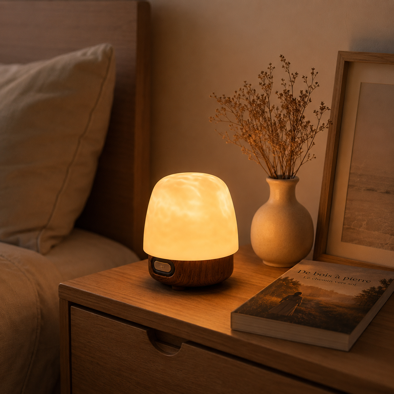 Lampe d’ambiance LED effet reflet d’eau diffusant une lumière chaude sur une table de nuit en bois. À côté du livre De bois à pierre, d’un vase décoratif et d’un cadre, elle crée une atmosphère douce et réconfortante propice à la lecture et à la détente avant le coucher.