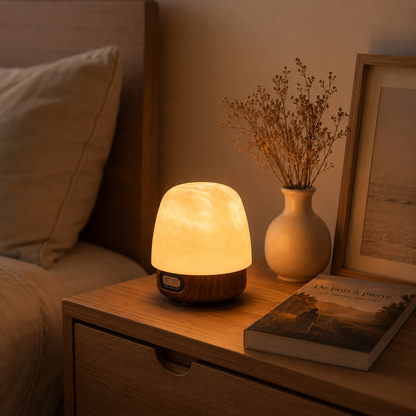 Lampe d’ambiance LED effet reflet d’eau diffusant une lumière chaude sur une table de nuit en bois. À côté du livre De bois à pierre, d’un vase décoratif et d’un cadre, elle crée une atmosphère douce et réconfortante propice à la lecture et à la détente avant le coucher.