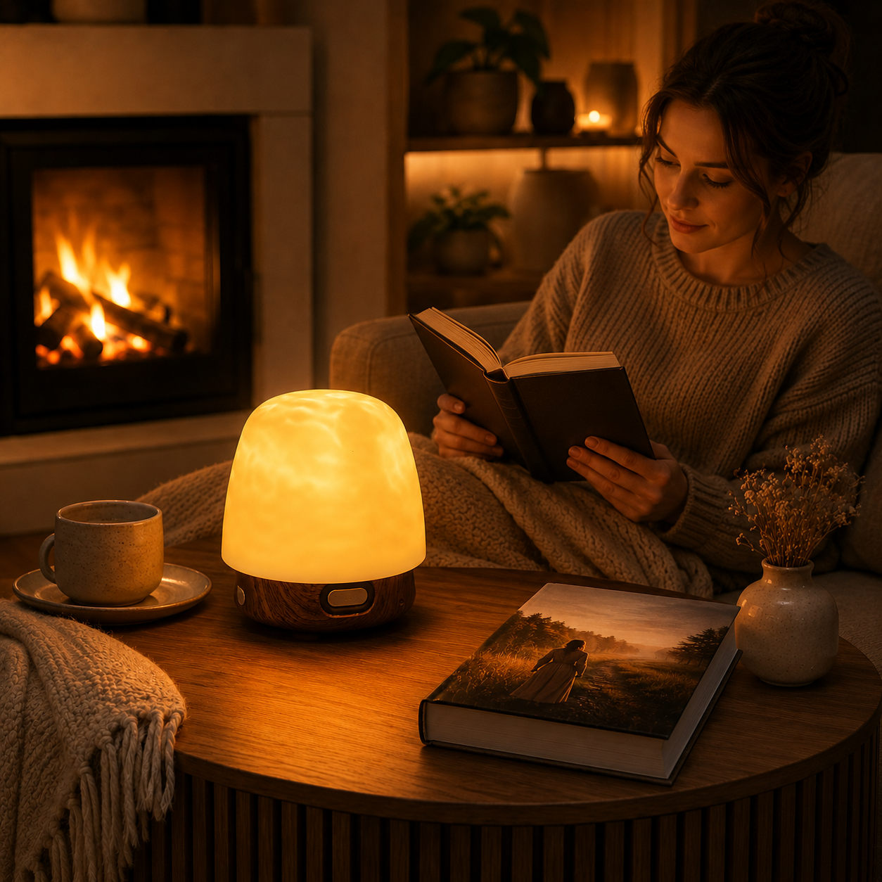 Lampe d’ambiance lumineuse effet cristal sur une table en bois dans un salon chaleureux. À ses côtés, une tasse de café et un vase décoratif créent une atmosphère douce et apaisante propice à la détente et à la lecture.