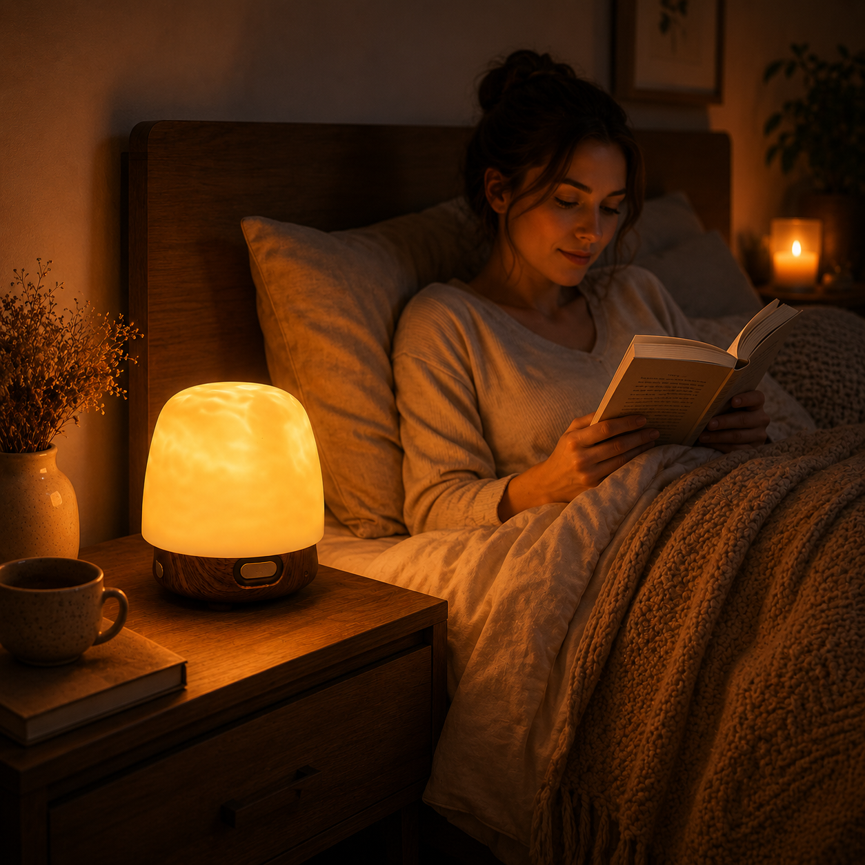 Femme lisant paisiblement dans son lit sous une couverture douillette, éclairée par une lampe d’ambiance LED effet reflet d’eau posée sur une table de nuit en bois. La lumière chaude crée une atmosphère apaisante et réconfortante idéale pour la lecture avant le coucher.