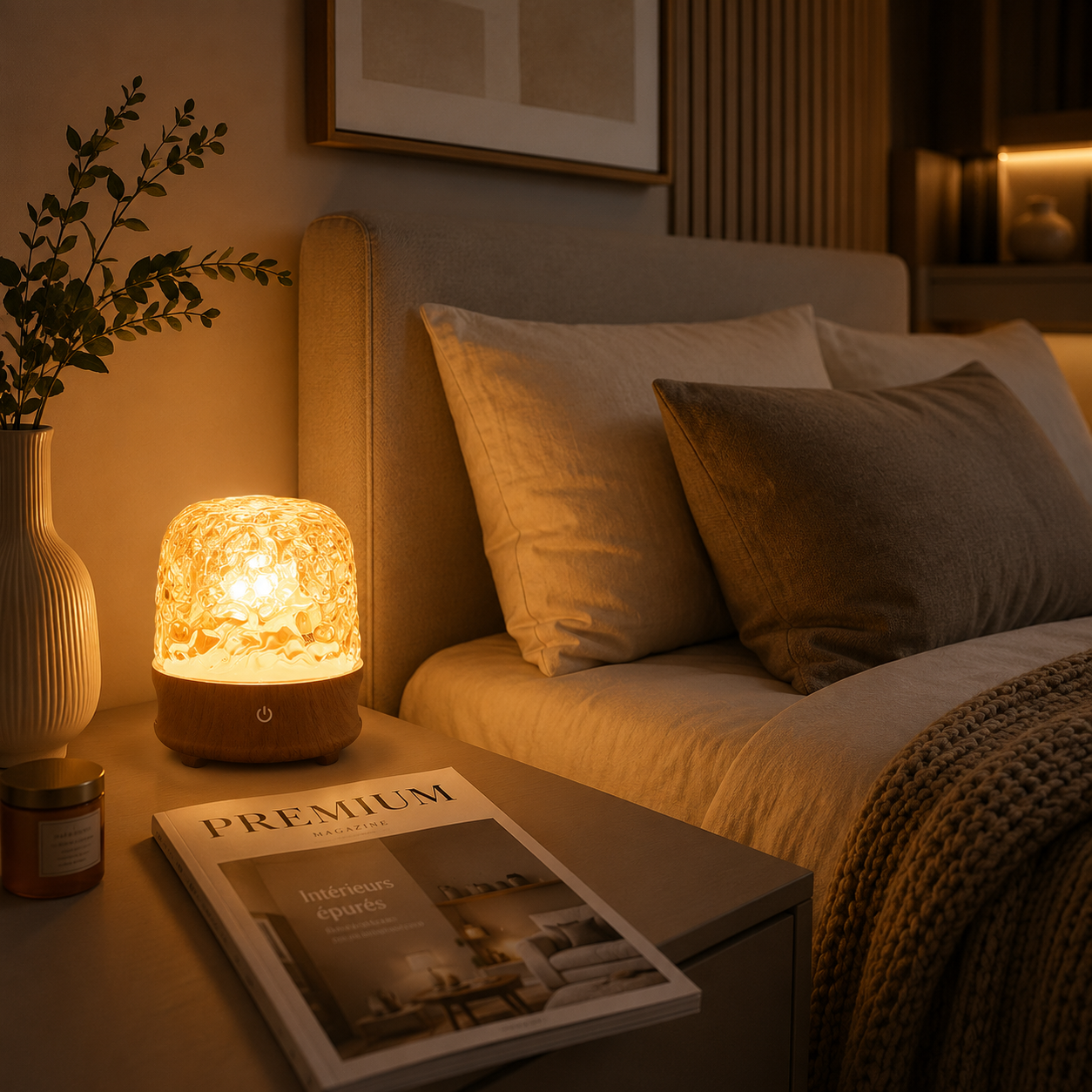 Lampe d’ambiance effet reflet d’eau avec lumière chaleureuse dans une chambre moderne. Décoration cocooning sur table de nuit avec vase, bougie et magazine, idéale pour créer une ambiance relaxante propice au repos et au bien-être.