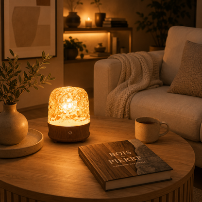 Lampe d’ambiance LED effet reflet d’eau sur une table basse en bois dans un salon chaleureux. La lumière dorée crée une atmosphère apaisante aux côtés d'un livre, d’une tasse de café et d’un décor cocooning propice à la détente et à la lecture.