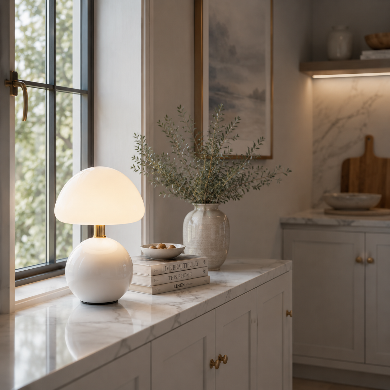 Lampe Champignon Aura blanche LED rechargeable posée sur un comptoir de cuisine près d'une grande fenêtre, décoration élégante aux tons greige et bleu poudre, lumière chaude et ambiance apaisante.