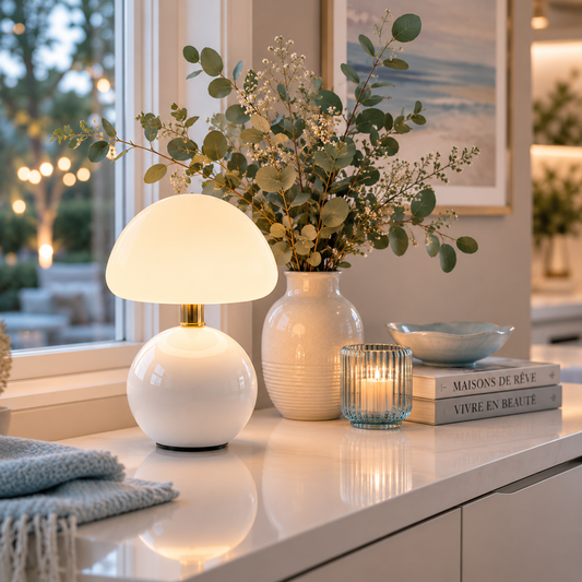Lampe Champignon Aura LED rechargeable blanche posée sur une console près d'une fenêtre dans un intérieur luxueux aux tons greige et bleu poudre, diffusant une lumière chaude et apaisante