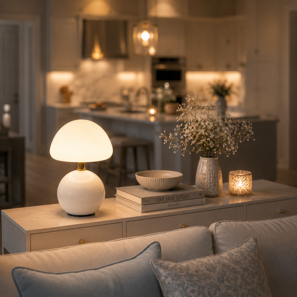 Lampe Champignon Aura blanche LED rechargeable diffusant une lumière douce sur une console derrière un canapé, intérieur haut de gamme avec cuisine ouverte, décoration élégante aux tons greige et bleu poudre.