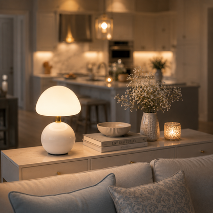 Lampe Champignon Aura blanche LED rechargeable diffusant une lumière douce sur une console derrière un canapé, intérieur haut de gamme avec cuisine ouverte, décoration élégante aux tons greige et bleu poudre.