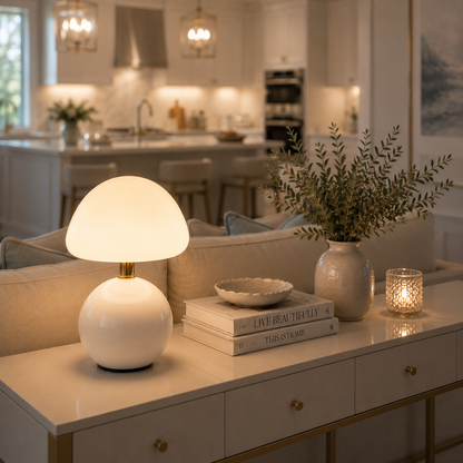 Lampe Champignon Aura blanche LED rechargeable diffusant une lumière chaleureuse sur une console moderne derrière un canapé, intérieur haut de gamme avec cuisine ouverte, décoration greige et bleu poudre et ambiance raffinée.