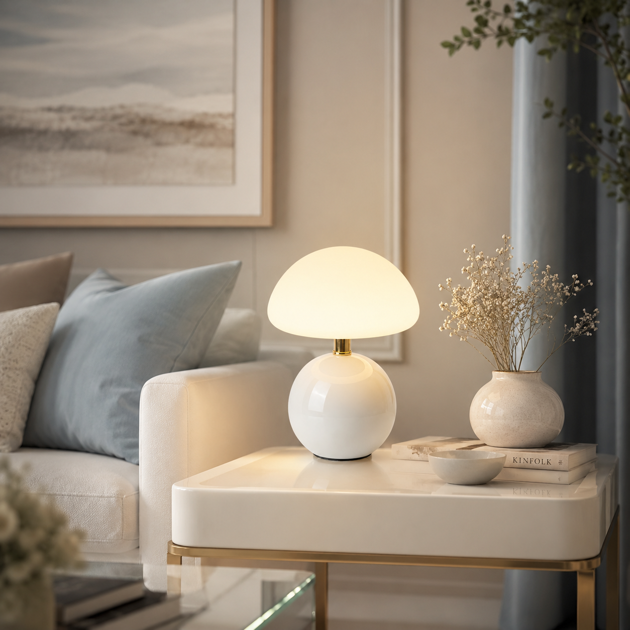 Lampe Champignon Aura LED rechargeable blanche sur une table d'appoint dans un salon moderne, décoration élégante aux tons greige et bleu poudre avec lumière d'ambiance chaleureuse.