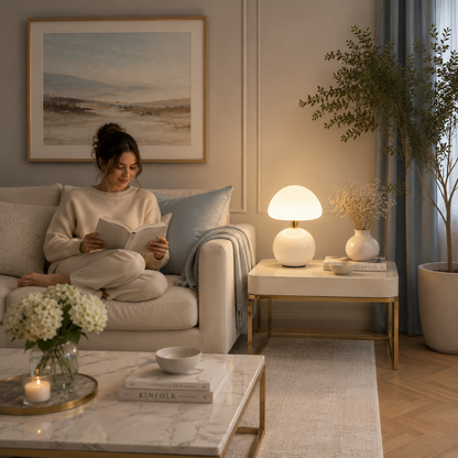 Lampe Champignon Aura LED rechargeable blanche sur une table d'appoint dans un salon luxueux, personne lisant un livre dans une ambiance chaleureuse aux tons greige et bleu poudre.