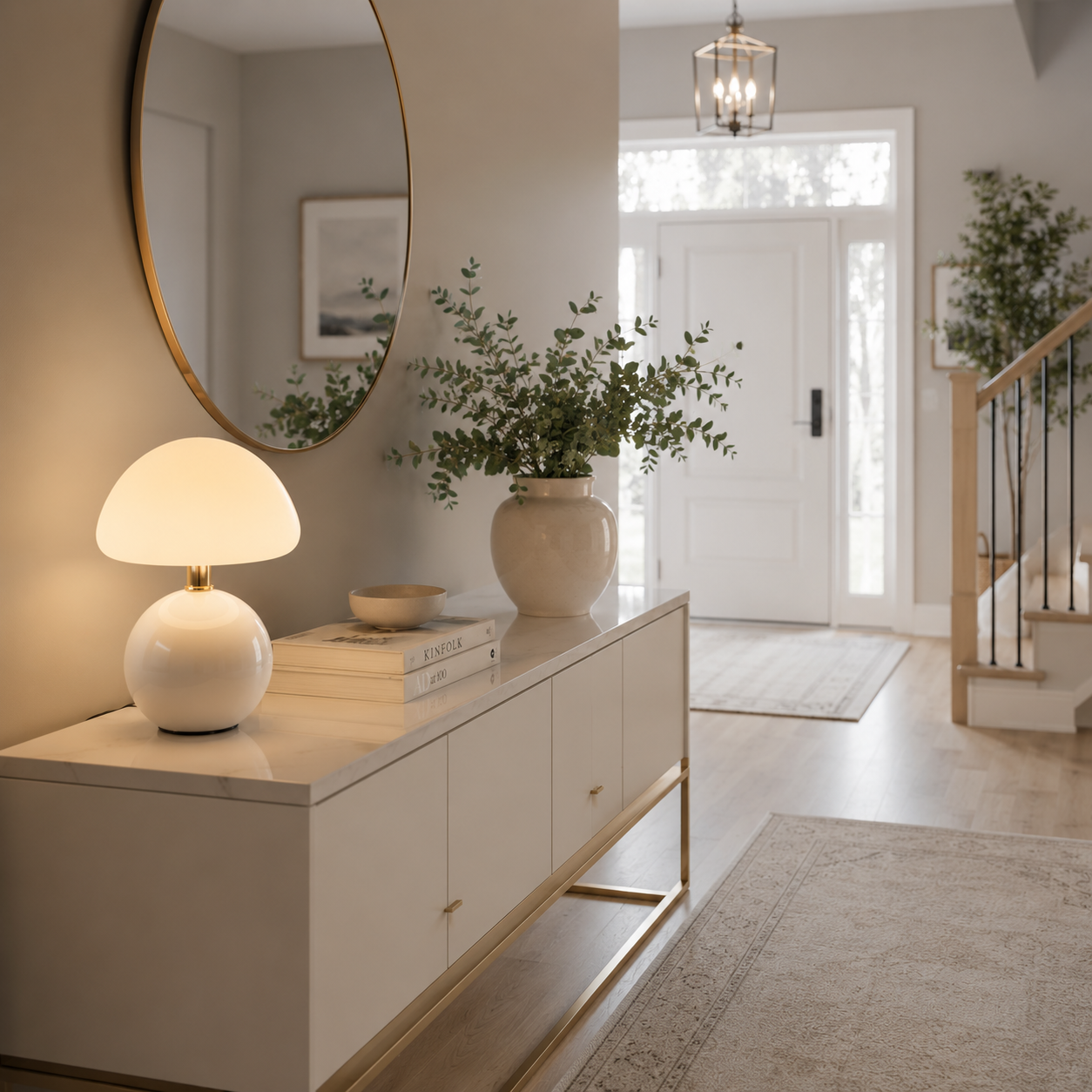Lampe Champignon Aura LED rechargeable blanche sur une console d'entrée moderne, intérieur élégant aux tons greige et bleu poudre avec miroir rond et lumière d'ambiance chaleureuse.