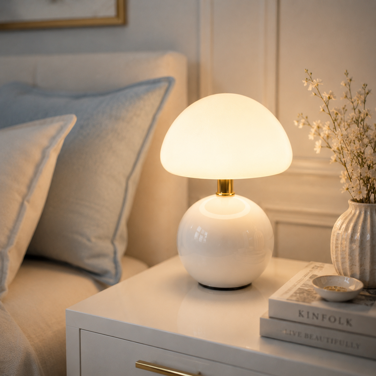 Lampe Champignon Aura blanche LED rechargeable sur une table de chevet, gros plan dans une chambre élégante aux tons greige et bleu poudre avec lumière chaude et apaisante.