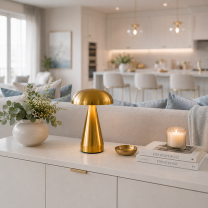 Lampe Champignon Stella LED dorée allumée sur une console blanche derrière un canapé, avec une cuisine moderne en arrière-plan flou. Décoration intérieure luxueuse aux tons greige et bleu poudre, idéale pour un salon contemporain.