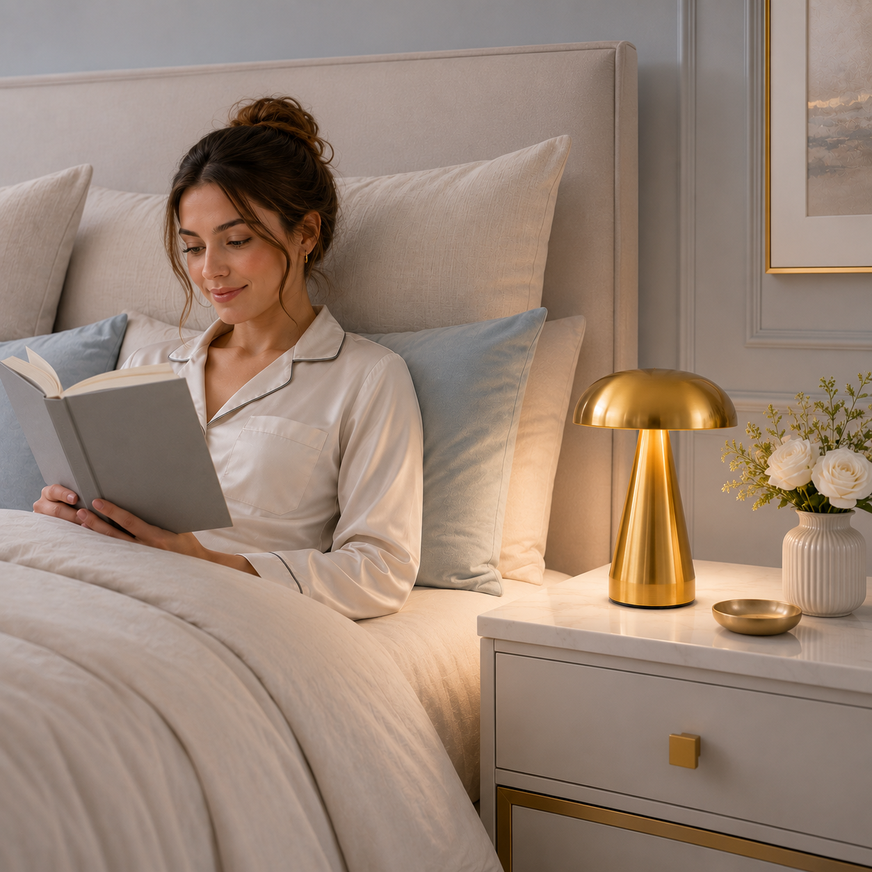 Lampe de table Champignon Stella LED dorée illuminant une table de nuit dans une chambre élégante. Une femme lit confortablement dans son lit, créant une ambiance chaleureuse et relaxante aux tons greige, bleu poudre et blanc.